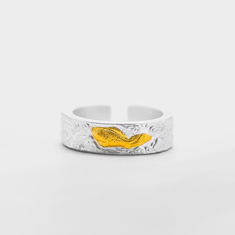 Buddha Stones 999 Sterling Silver 999 Gold Koi Fish Auspicious Clouds Luck Ring - Fortune Jewel