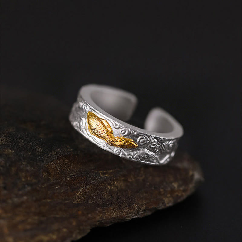 Buddha Stones 999 Sterling Silver 999 Gold Koi Fish Auspicious Clouds Luck Ring - Fortune Jewel