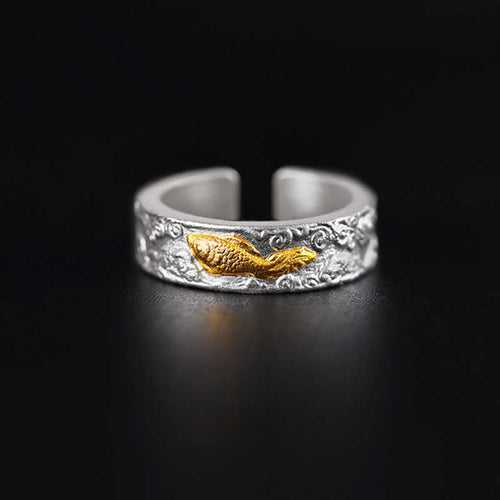 Buddha Stones 999 Sterling Silver 999 Gold Koi Fish Auspicious Clouds Luck Ring - Fortune Jewel