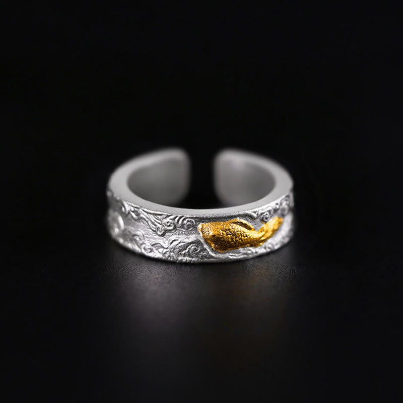 Buddha Stones 999 Sterling Silver 999 Gold Koi Fish Auspicious Clouds Luck Ring - Fortune Jewel