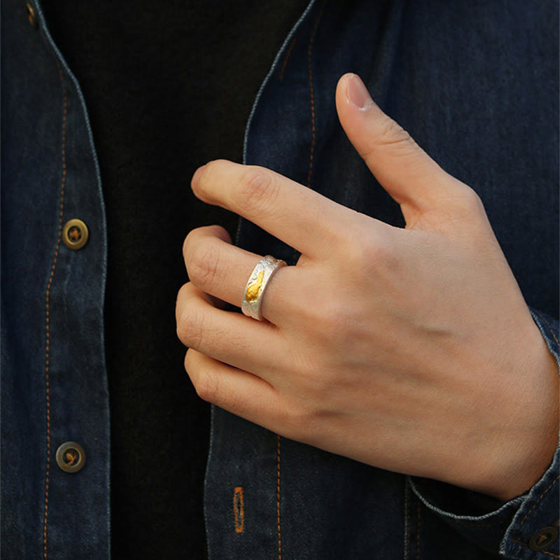 Buddha Stones 999 Sterling Silver 999 Gold Koi Fish Auspicious Clouds Luck Ring - Fortune Jewel
