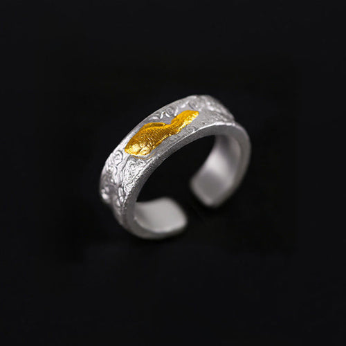 Buddha Stones 999 Sterling Silver 999 Gold Koi Fish Auspicious Clouds Luck Ring - Fortune Jewel