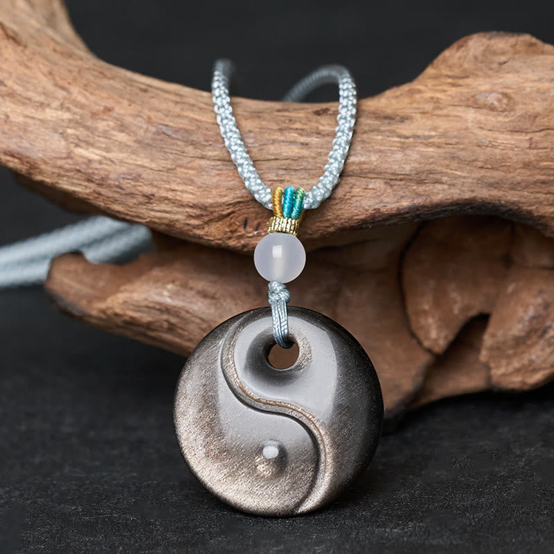 Fortune Jewel Silver Sheen Obsidian Yin Yang Symbol Protection Necklace Pendant - Fortune Jewel