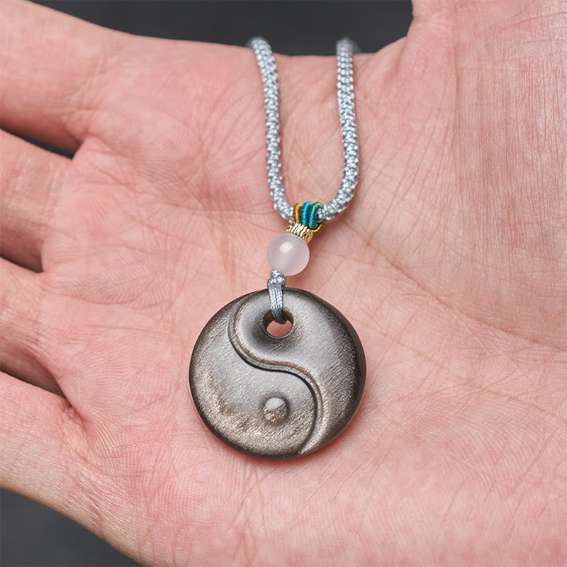 Fortune Jewel Silver Sheen Obsidian Yin Yang Symbol Protection Necklace Pendant - Fortune Jewel
