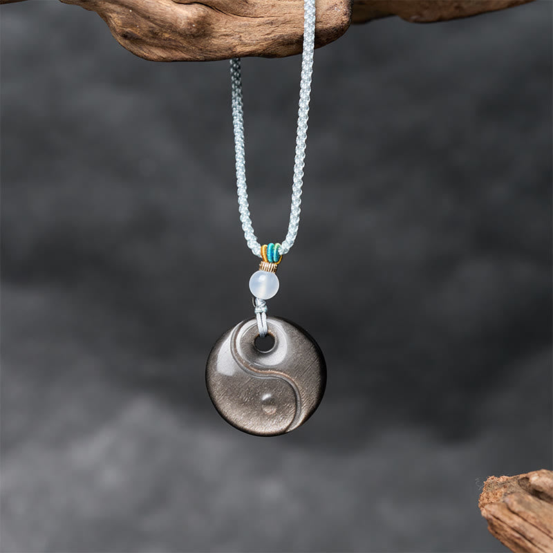 Fortune Jewel Silver Sheen Obsidian Yin Yang Symbol Protection Necklace Pendant - Fortune Jewel