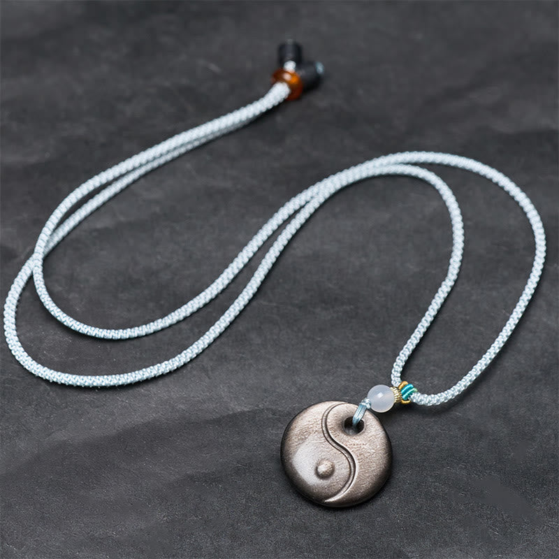 Fortune Jewel Silver Sheen Obsidian Yin Yang Symbol Protection Necklace Pendant - Fortune Jewel