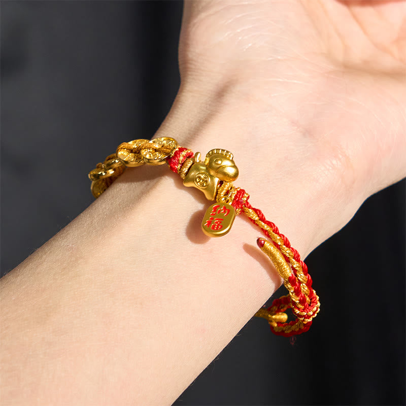 Buddha Stones Year Of The Horse Red String Five-Emperor Coins Luck Bracelet - Fortune Jewel