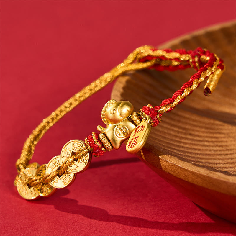 Buddha Stones Year Of The Horse Red String Five-Emperor Coins Luck Bracelet - Fortune Jewel