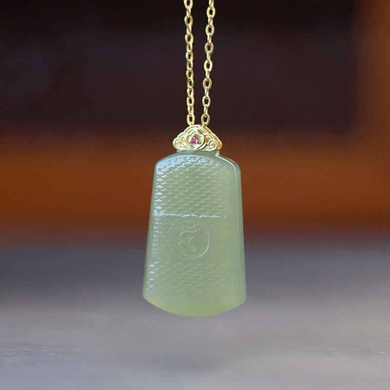 Fortune Jewel Hetian Jade 925 Sterling Silver Om Symbol Prosperity Necklace Pendant