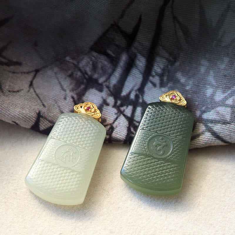 Fortune Jewel Hetian Jade 925 Sterling Silver Om Symbol Prosperity Necklace Pendant