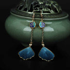 Buddha Stones Handcrafted Silk Art Petal Good Fortune Blessing Dangle Hook Earrings