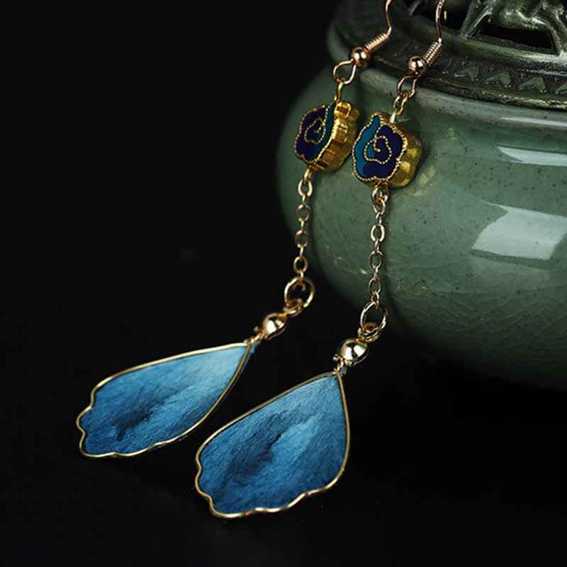 Buddha Stones Handcrafted Silk Art Petal Good Fortune Blessing Dangle Hook Earrings