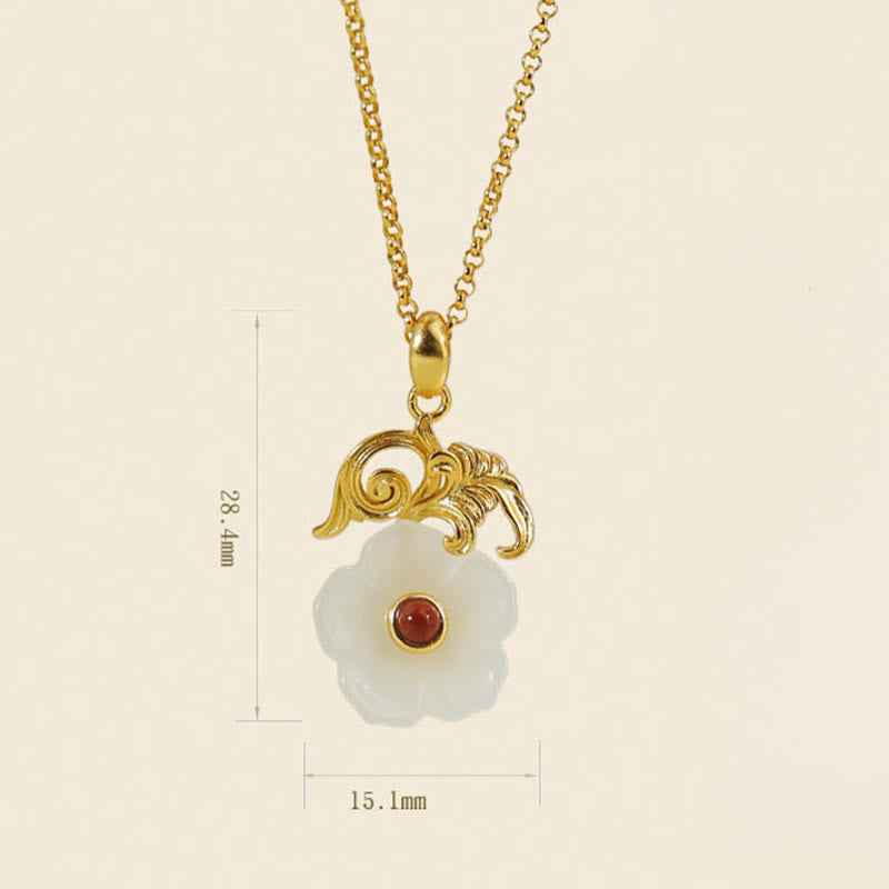 Fortune Jewel Hetian Jade Flower 925 Sterling Silver Luck Necklace Pendant
