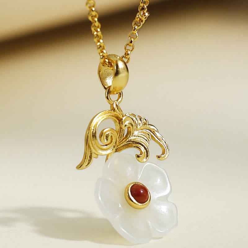Fortune Jewel Hetian Jade Flower 925 Sterling Silver Luck Necklace Pendant