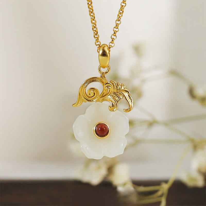 Fortune Jewel Hetian Jade Flower 925 Sterling Silver Luck Necklace Pendant