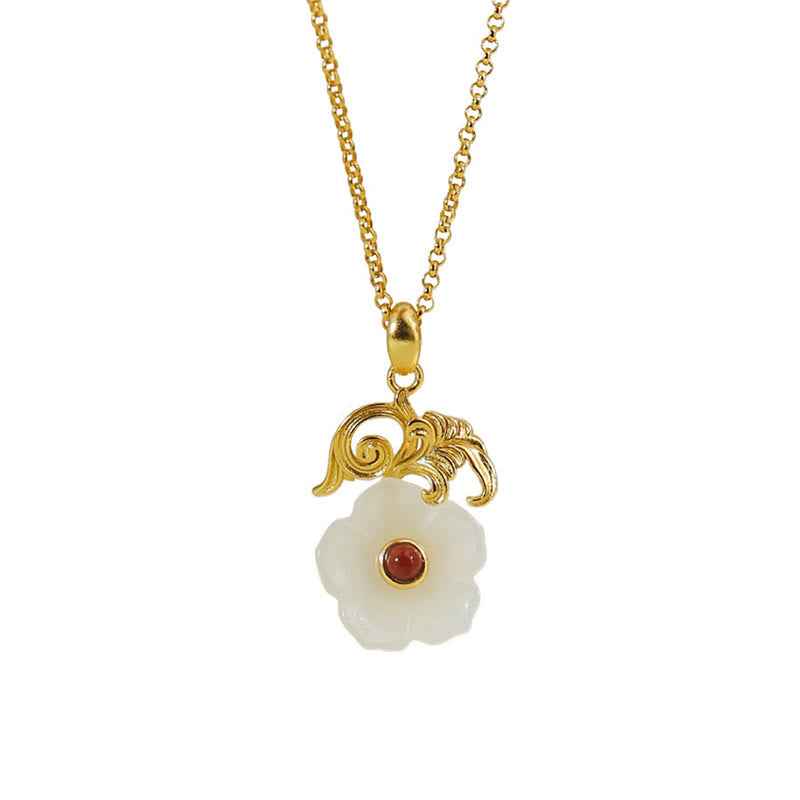 Fortune Jewel Hetian Jade Flower 925 Sterling Silver Luck Necklace Pendant