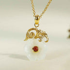Fortune Jewel Hetian Jade Flower 925 Sterling Silver Luck Necklace Pendant