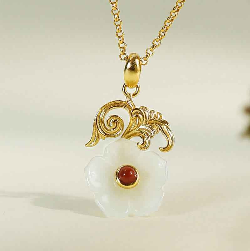 Fortune Jewel Hetian Jade Flower 925 Sterling Silver Luck Necklace Pendant