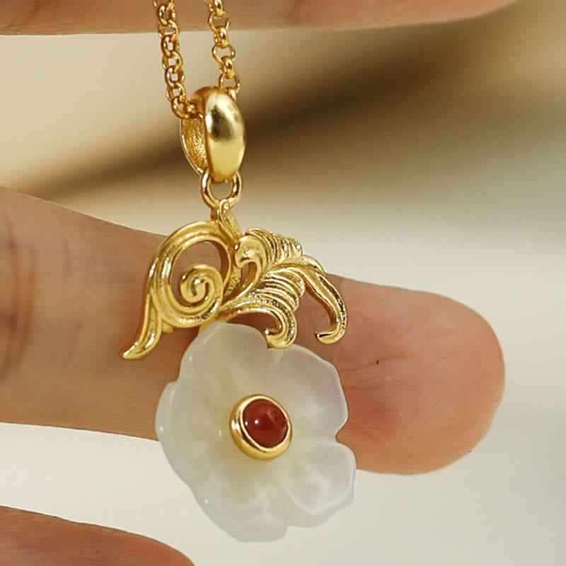 Fortune Jewel Hetian Jade Flower 925 Sterling Silver Luck Necklace Pendant