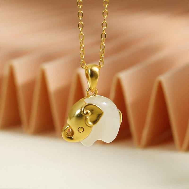 Fortune Jewel Elephant Hetian Jade 925 Sterling Silver Luck Necklace Pendant