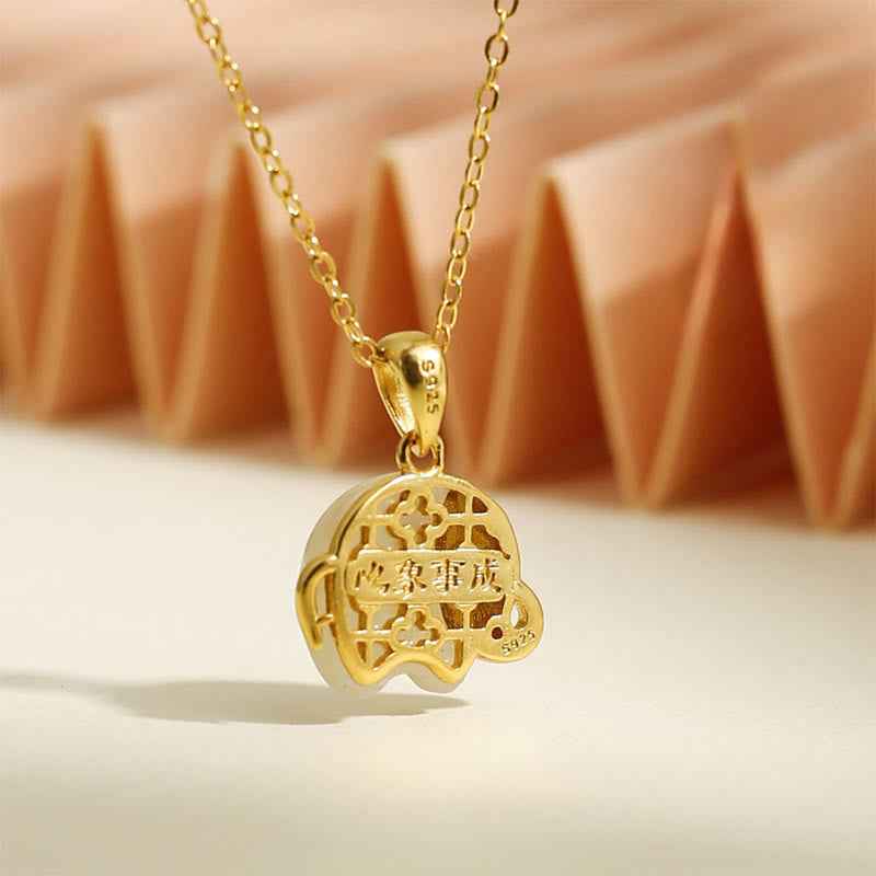 Fortune Jewel Elephant Hetian Jade 925 Sterling Silver Luck Necklace Pendant