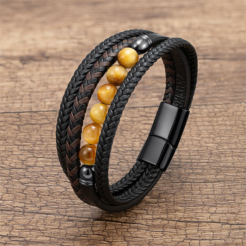 Fortune Jewel Tiger Eye Lava Rock Black Onyx Lazurite Lapis Lazuli Hematite Bead Positive Leather Bracelet