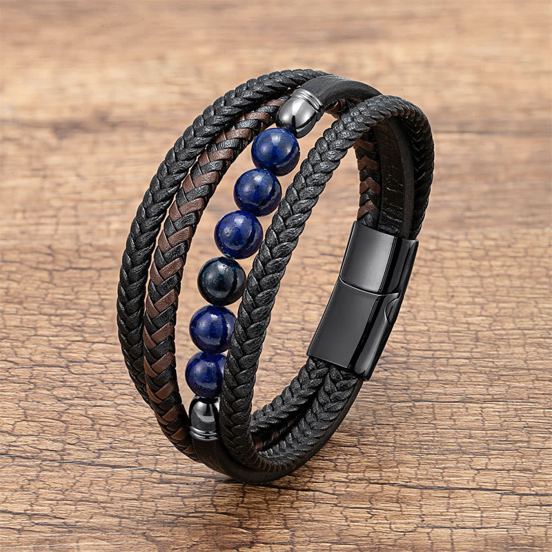 Fortune Jewel Tiger Eye Lava Rock Black Onyx Lazurite Lapis Lazuli Hematite Bead Positive Leather Bracelet