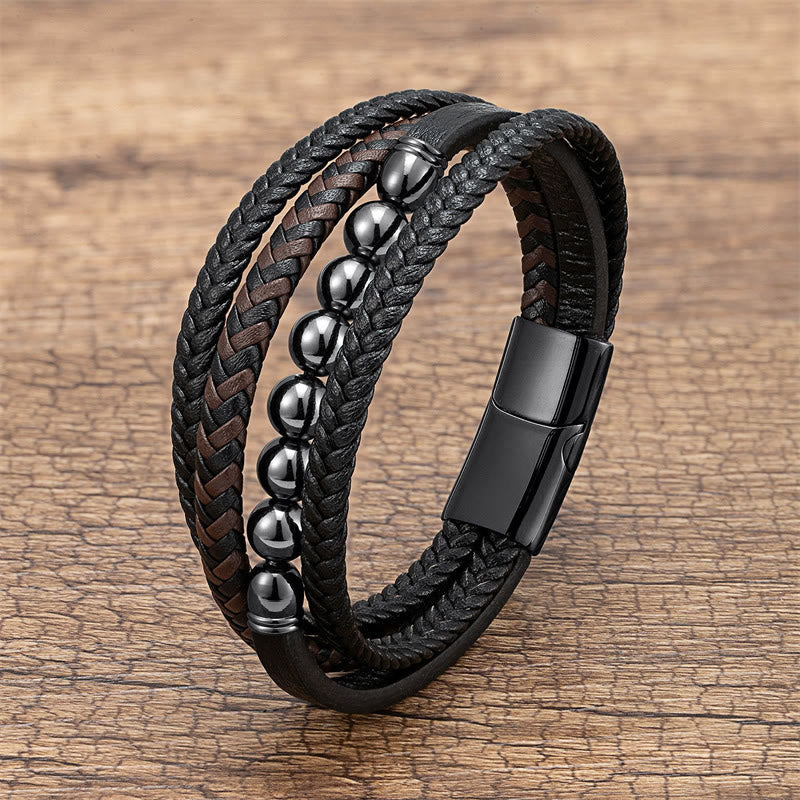 Fortune Jewel Tiger Eye Lava Rock Black Onyx Lazurite Lapis Lazuli Hematite Bead Positive Leather Bracelet