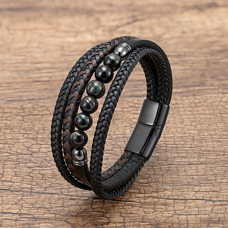 Fortune Jewel Tiger Eye Lava Rock Black Onyx Lazurite Lapis Lazuli Hematite Bead Positive Leather Bracelet