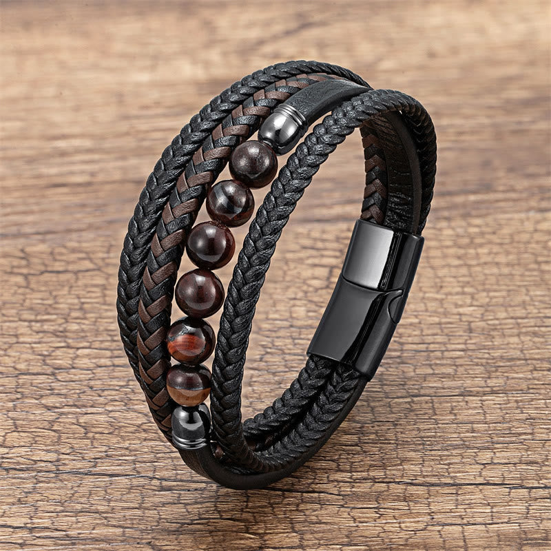 Fortune Jewel Tiger Eye Lava Rock Black Onyx Lazurite Lapis Lazuli Hematite Bead Positive Leather Bracelet