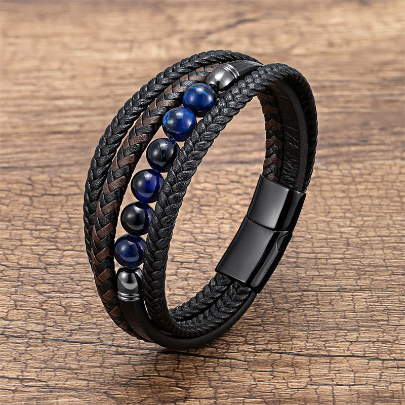 Fortune Jewel Tiger Eye Lava Rock Black Onyx Lazurite Lapis Lazuli Hematite Bead Positive Leather Bracelet