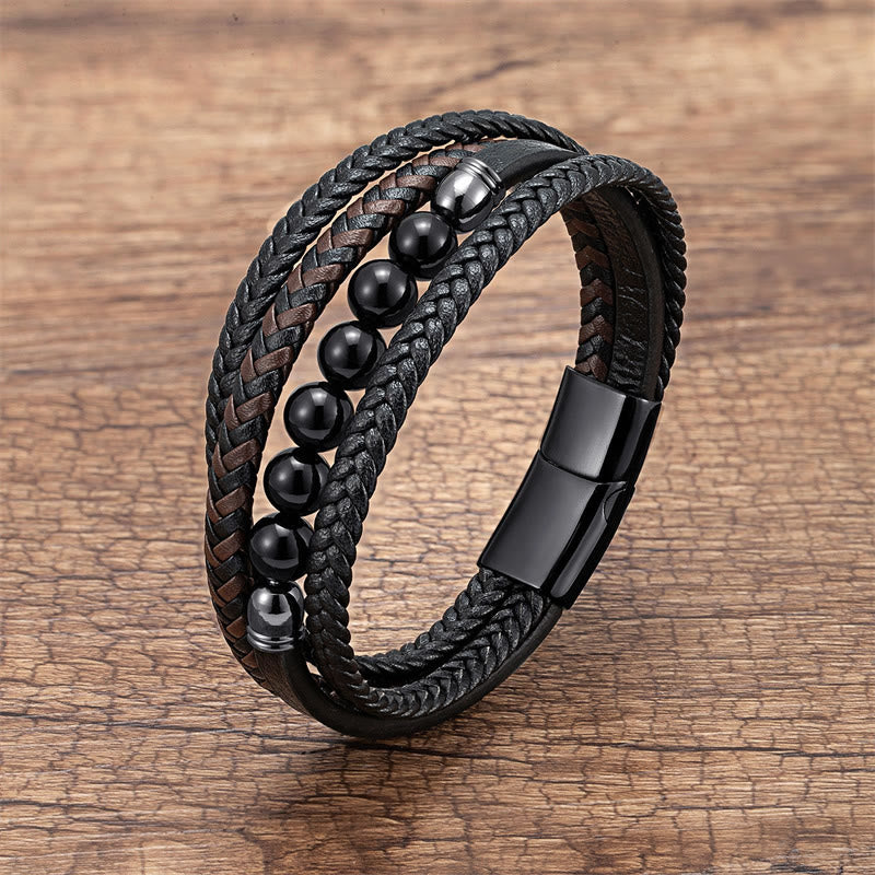 Fortune Jewel Tiger Eye Lava Rock Black Onyx Lazurite Lapis Lazuli Hematite Bead Positive Leather Bracelet