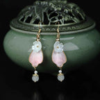 Fortune Jewel Handcrafted Silk Art Petal Good Fortune Blessing Dangle Hook Earrings