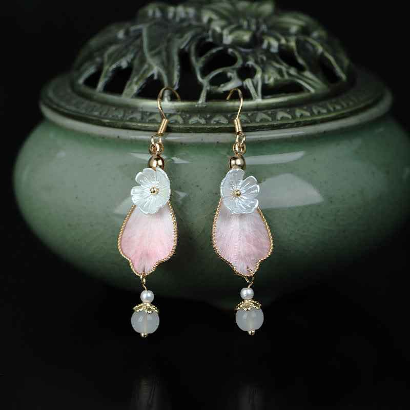 Fortune Jewel Handcrafted Silk Art Petal Good Fortune Blessing Dangle Hook Earrings