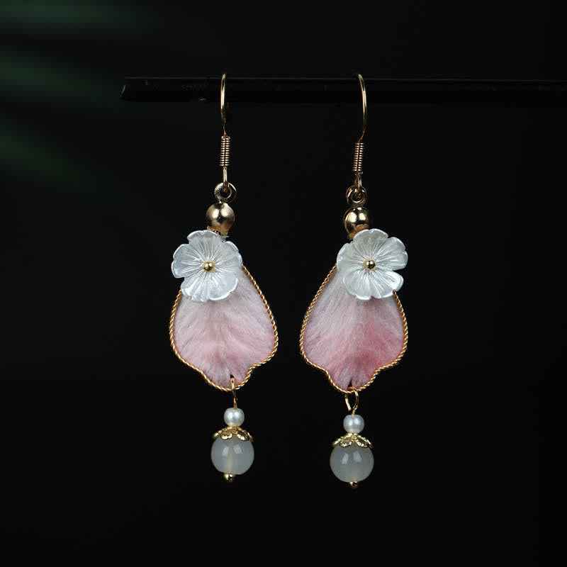 Fortune Jewel Handcrafted Silk Art Petal Good Fortune Blessing Dangle Hook Earrings