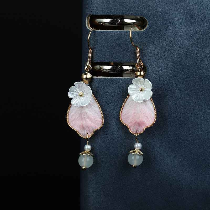Fortune Jewel Handcrafted Silk Art Petal Good Fortune Blessing Dangle Hook Earrings