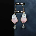 Fortune Jewel Handcrafted Silk Art Petal Good Fortune Blessing Dangle Hook Earrings