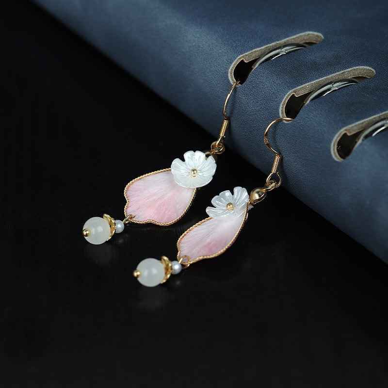 Fortune Jewel Handcrafted Silk Art Petal Good Fortune Blessing Dangle Hook Earrings