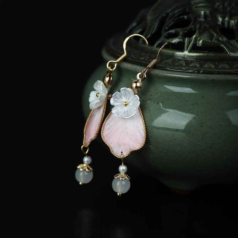 Fortune Jewel Handcrafted Silk Art Petal Good Fortune Blessing Dangle Hook Earrings