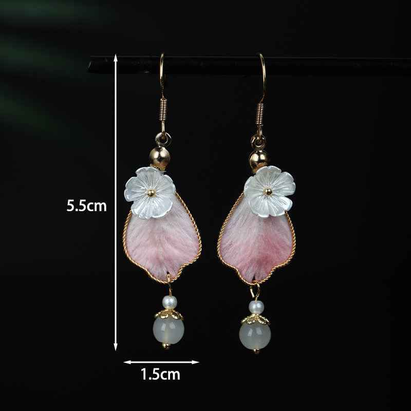 Fortune Jewel Handcrafted Silk Art Petal Good Fortune Blessing Dangle Hook Earrings