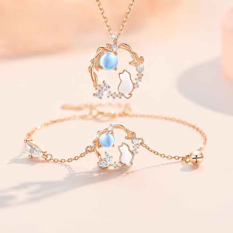 Fortune Jewel 925 Sterling Silver Cat Flower Blessing Earrings Bracelet Necklace Pendant