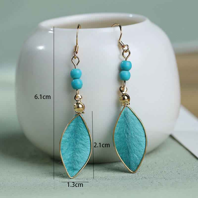 Fortune Jewel Boho Handcrafted Silk Art Bead Leave Shape Good Fortune Hook Dangle Earrings