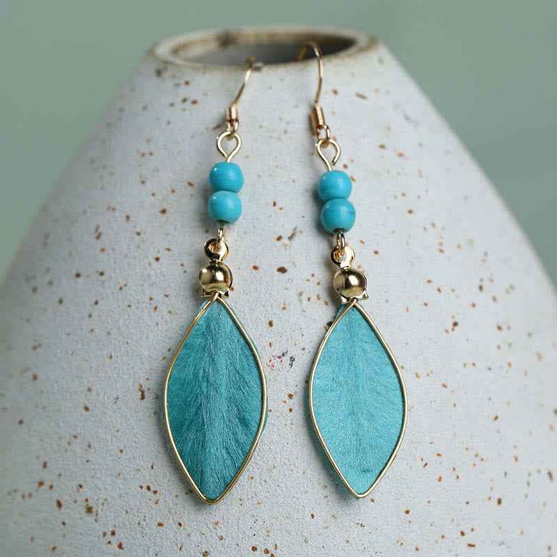 Fortune Jewel Boho Handcrafted Silk Art Bead Leave Shape Good Fortune Hook Dangle Earrings