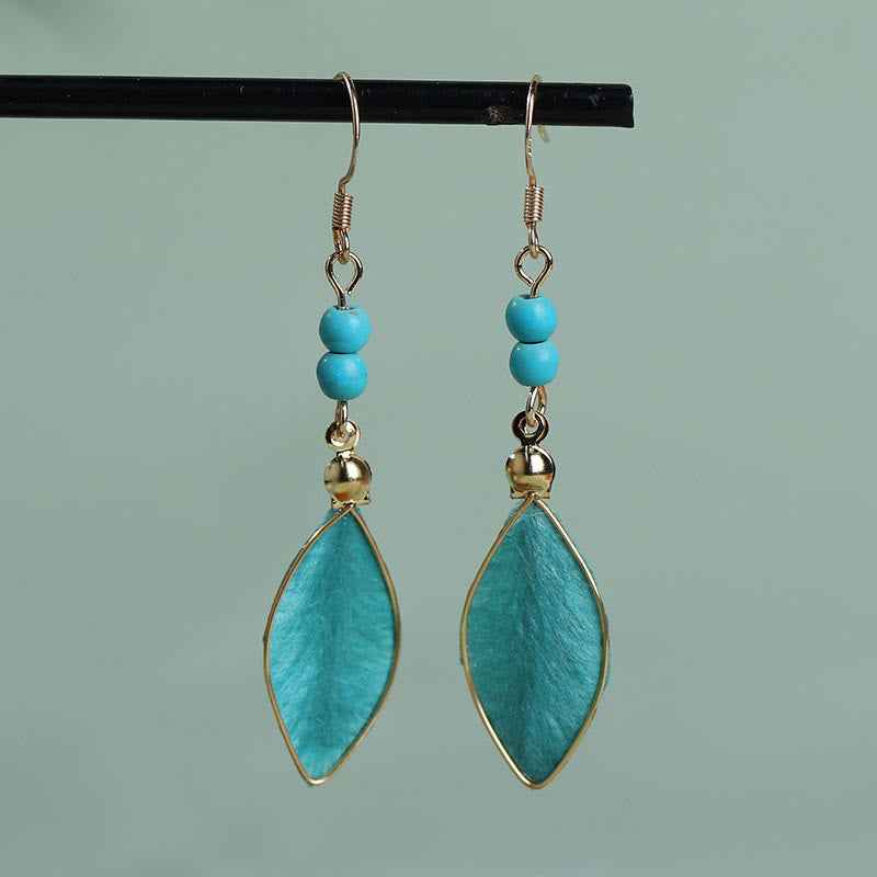Fortune Jewel Boho Handcrafted Silk Art Bead Leave Shape Good Fortune Hook Dangle Earrings