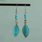 Fortune Jewel Boho Handcrafted Silk Art Bead Leave Shape Good Fortune Hook Dangle Earrings