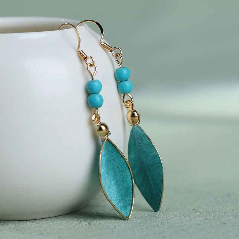Fortune Jewel Boho Handcrafted Silk Art Bead Leave Shape Good Fortune Hook Dangle Earrings