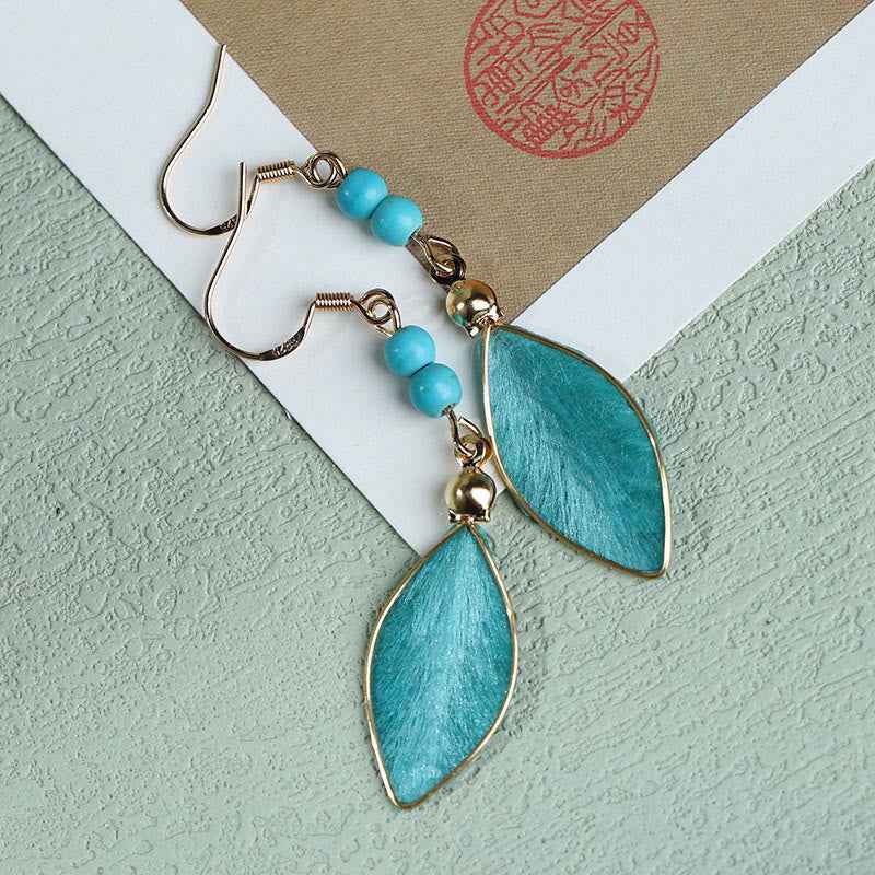 Fortune Jewel Boho Handcrafted Silk Art Bead Leave Shape Good Fortune Hook Dangle Earrings