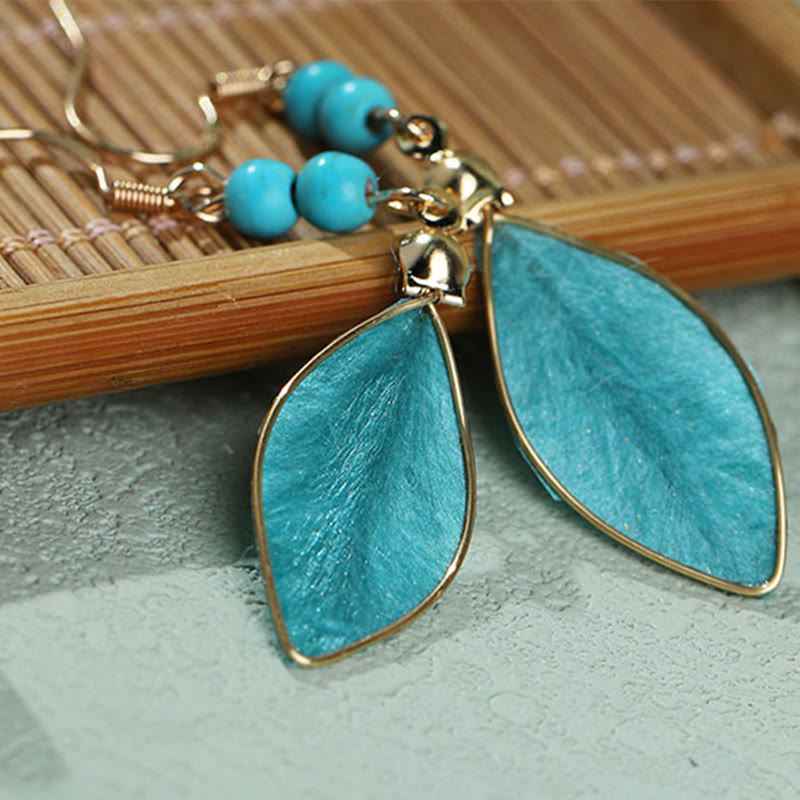 Fortune Jewel Boho Handcrafted Silk Art Bead Leave Shape Good Fortune Hook Dangle Earrings