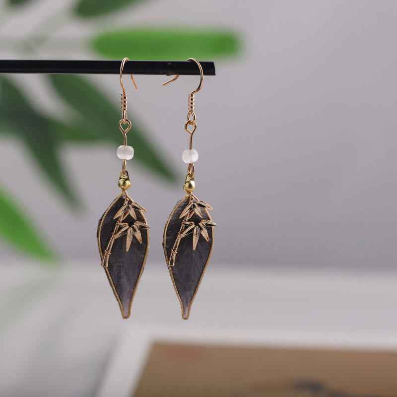 Fortune Jewel Handcrafted Silk Art Bamboo Design Copper Hook Luck Protection Dangle Earrings