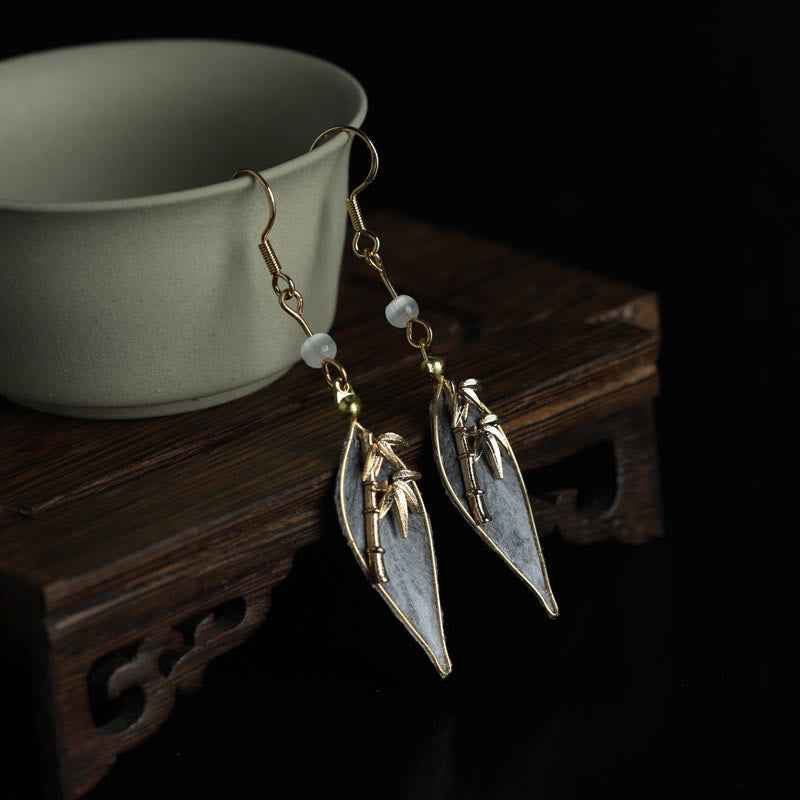 Fortune Jewel Handcrafted Silk Art Bamboo Design Copper Hook Luck Protection Dangle Earrings
